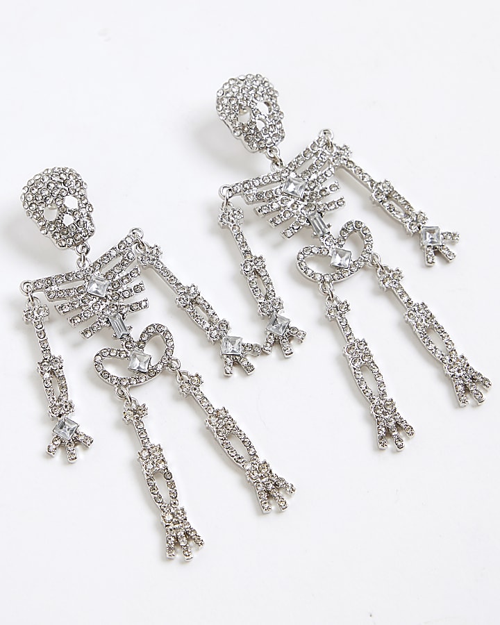 Silver diamante skeleton earrings
