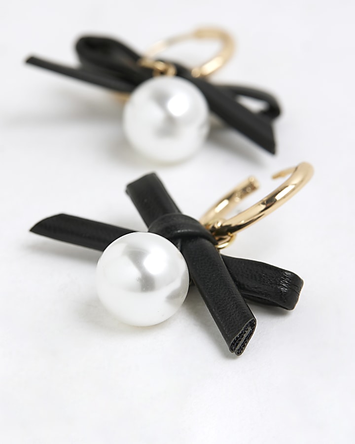 Black Faux Leather Bow Pearl Dangle Earrings