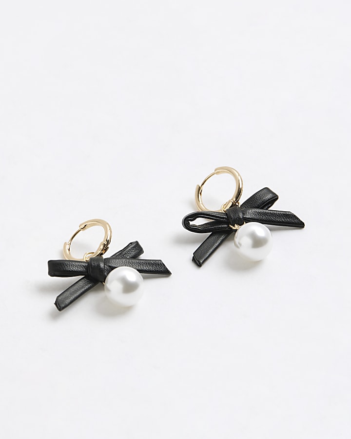 Black Faux Leather Bow Pearl Dangle Earrings
