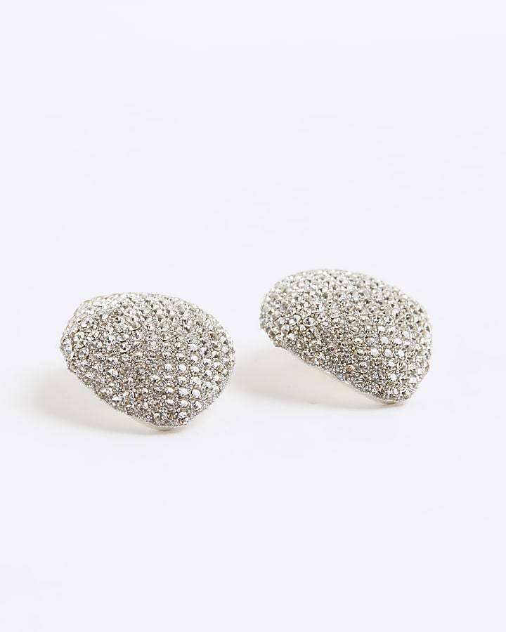 Silver Paved Oval Stud Earrings
