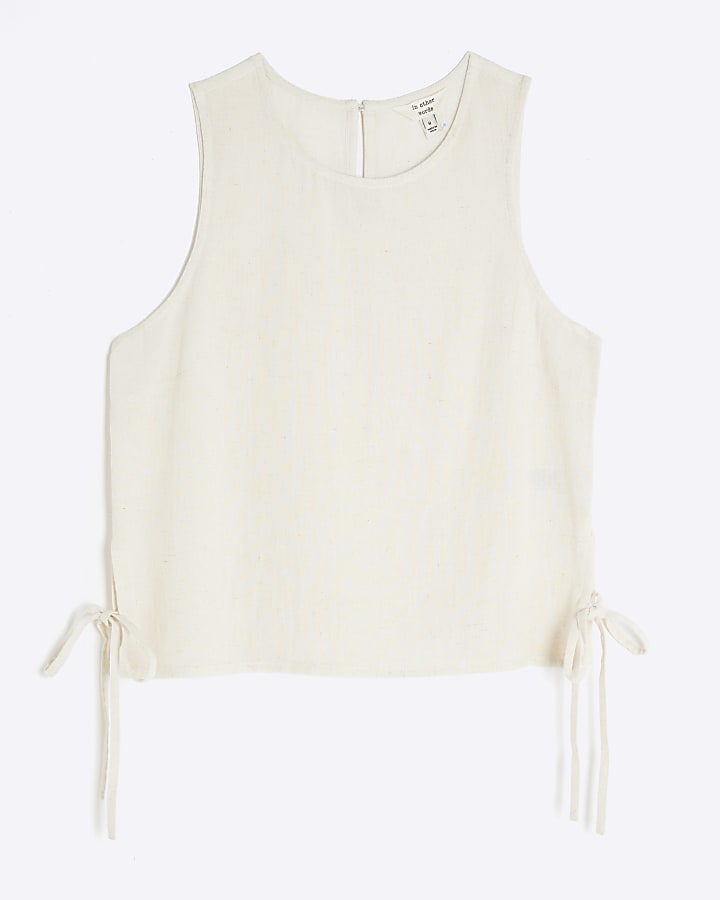Stone Linen Blend Sleeveless Tie side Top