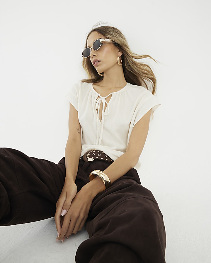 Beige Linen Blend Short Sleeve Tie Front Top