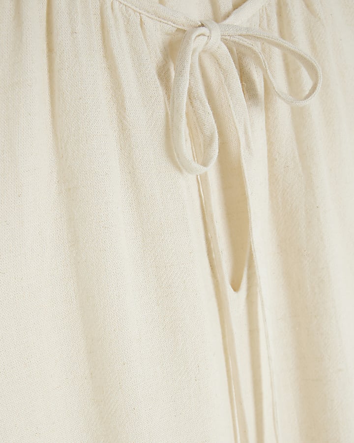 Beige Linen Blend Short Sleeve Tie Front Top