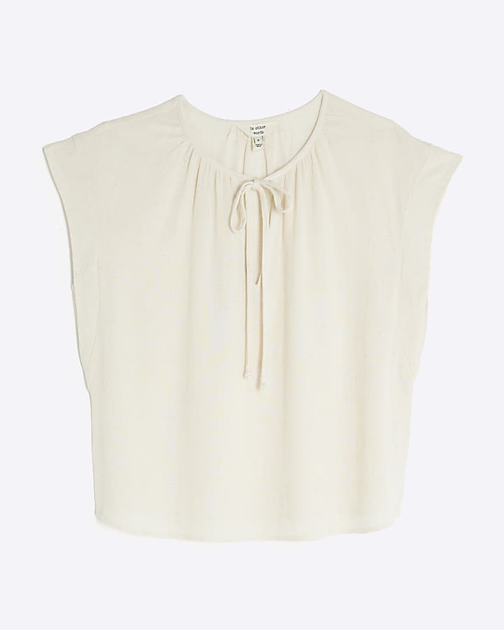 Beige Linen Blend Short Sleeve Tie Front Top