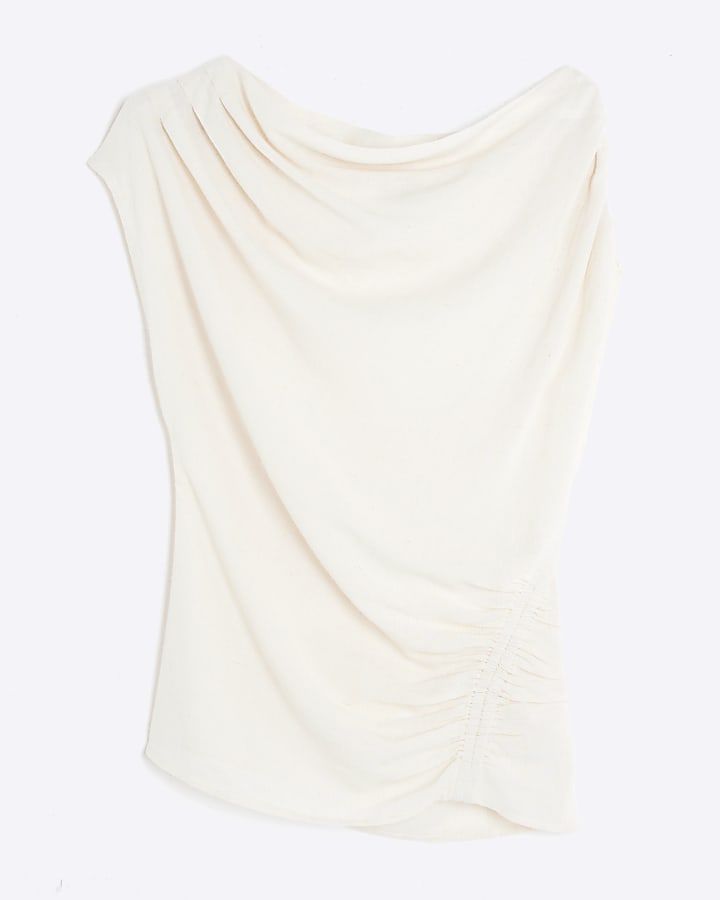 Beige Linen Blend One Shoulder Top