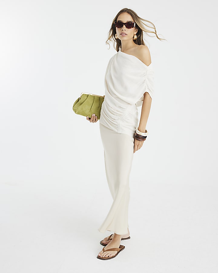 Beige Linen Blend One Shoulder Top