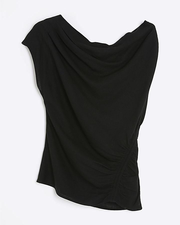 Black Linen Blend One Shoulder Top