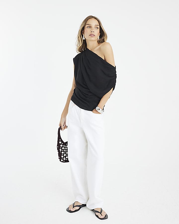 Black Linen Blend One Shoulder Top