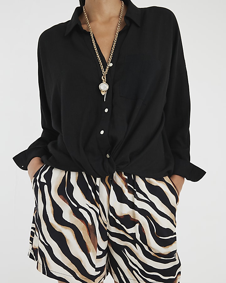 Black Linen Blend Long Sleeve Knot Shirt