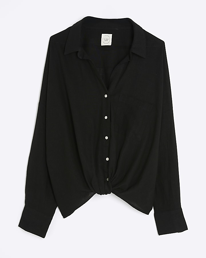 Black Linen Blend Long Sleeve Knot Shirt