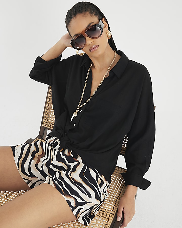 Black Linen Blend Long Sleeve Knot Shirt