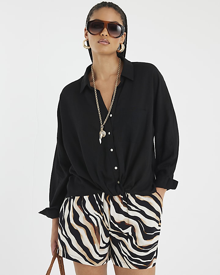 Black Linen Blend Long Sleeve Knot Shirt