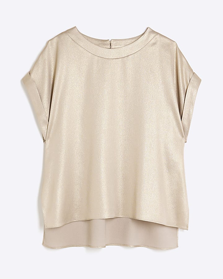 Gold Satin Short Sleeve Turn Up Cuff T-shirt