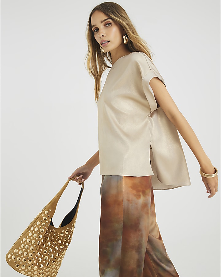 Gold Satin Short Sleeve Turn Up Cuff T-shirt