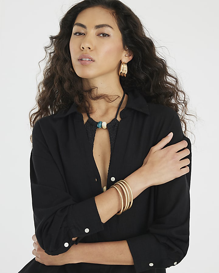 Black Linen Blend Belted Longline Shirt