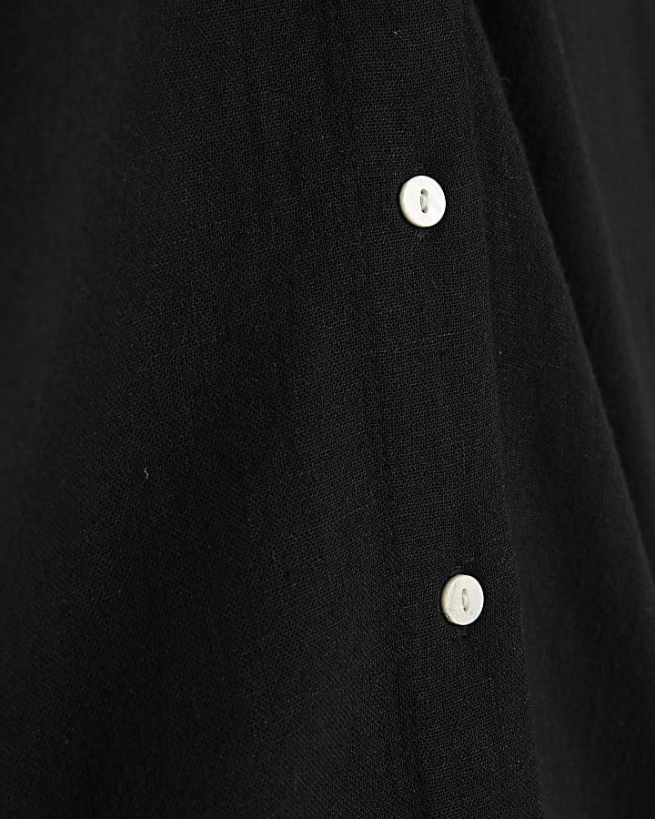 Black Linen Blend Belted Longline Shirt
