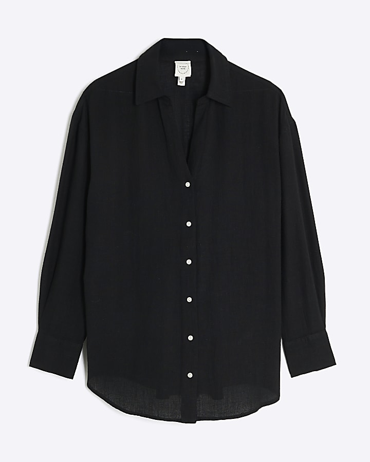 Black Linen Blend Belted Longline Shirt