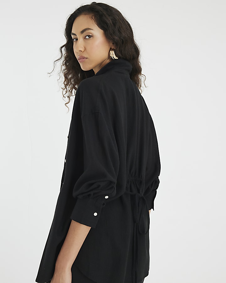 Black Linen Blend Belted Longline Shirt