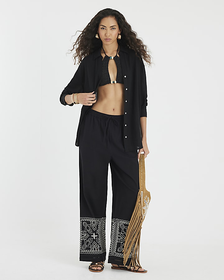 Black Linen Blend Belted Longline Shirt