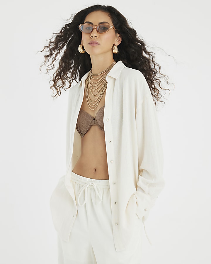 Beige Linen Blend Belted Longline Shirt