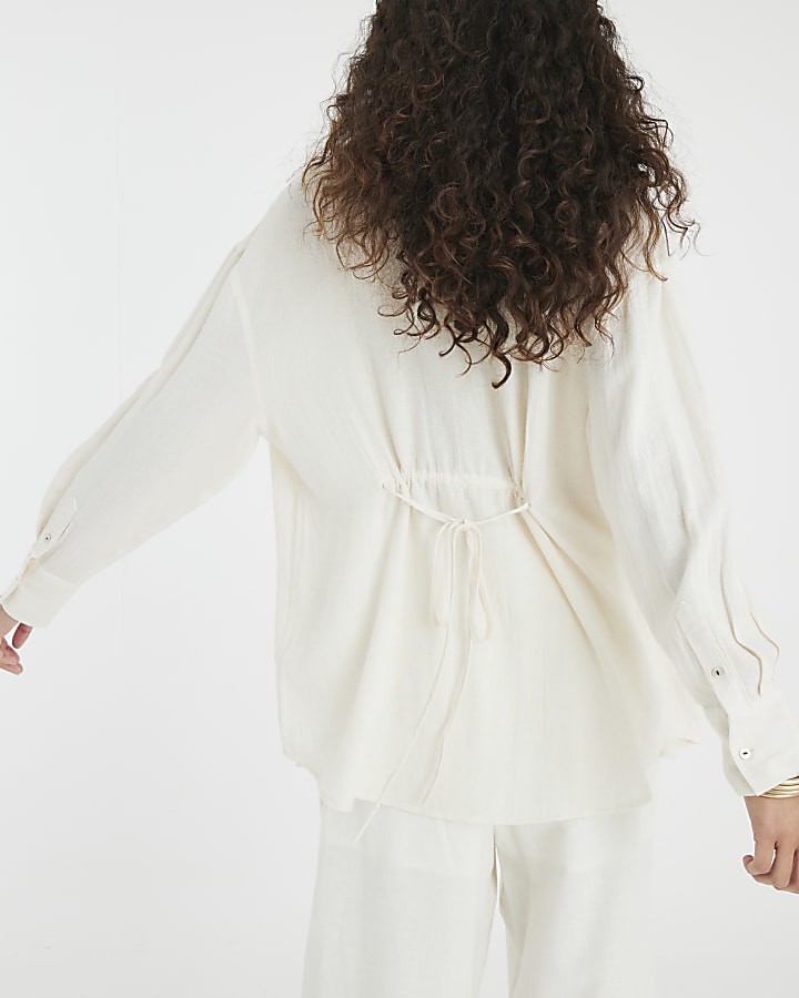 Beige Linen Blend Belted Longline Shirt