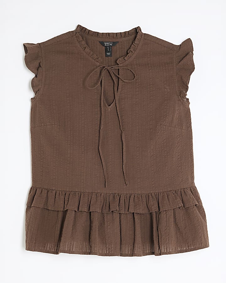 Brown Short Ruffle Sleeve Peplum Top