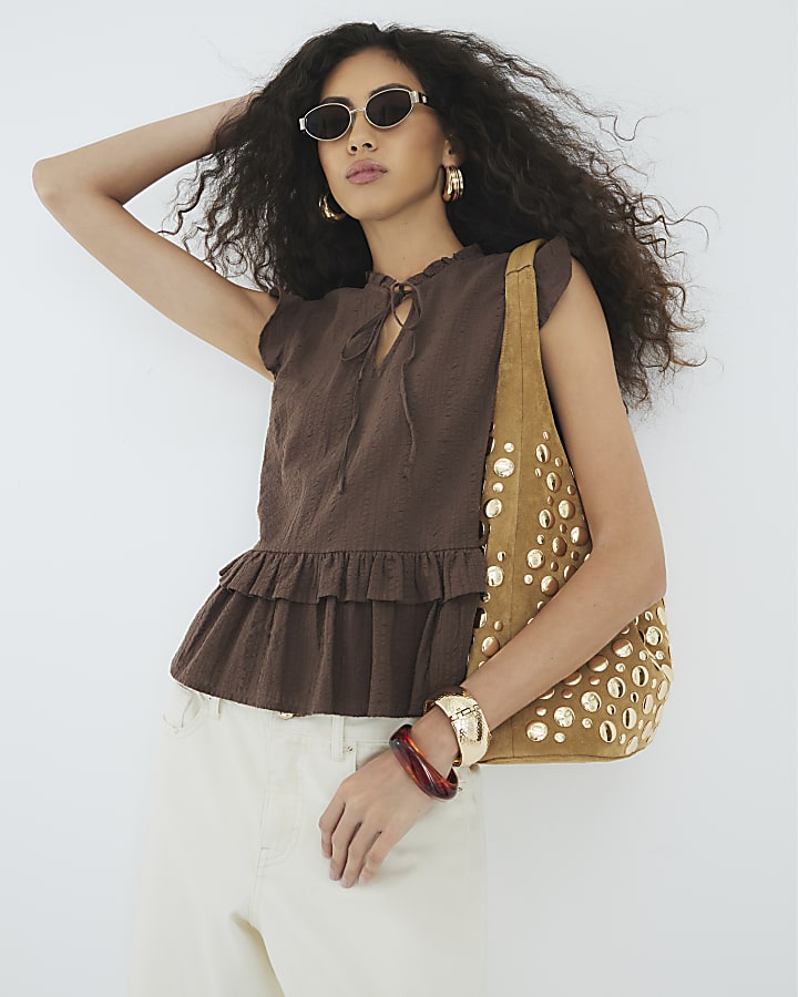 Brown Short Ruffle Sleeve Peplum Top
