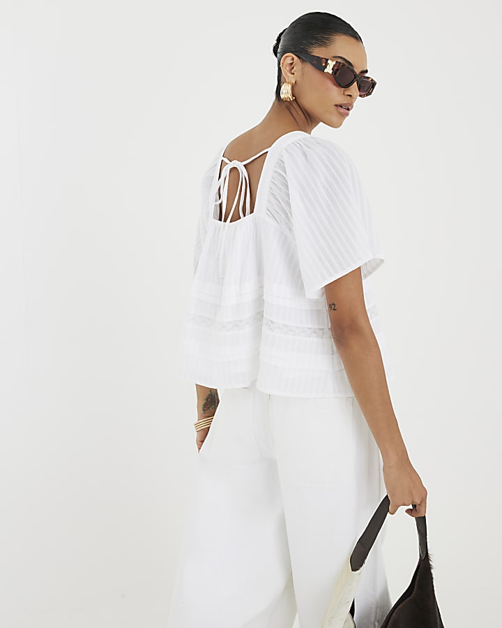 White Short Sleeve Square Neck Blouse