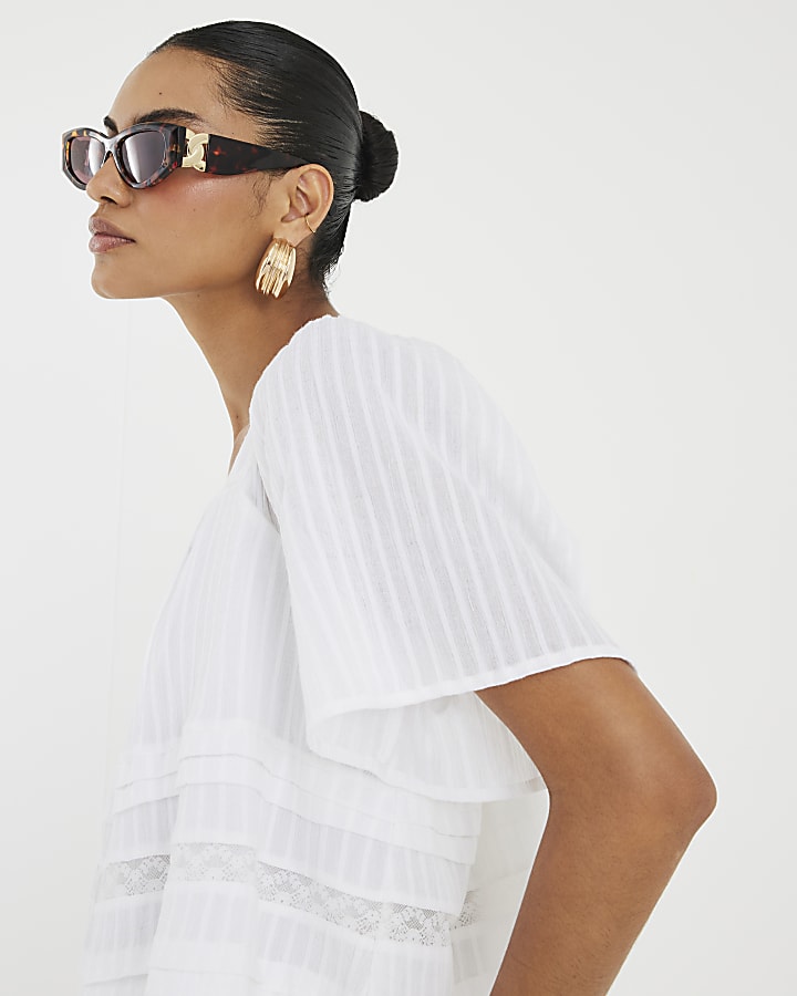 White Short Sleeve Square Neck Blouse