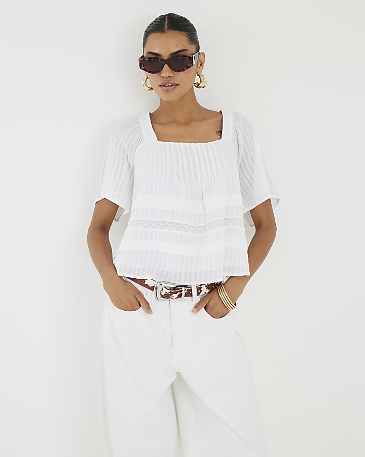 White Short Sleeve Square Neck Blouse