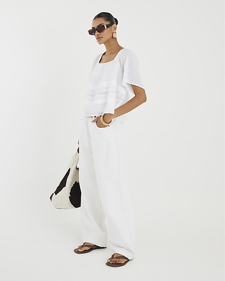 White Short Sleeve Square Neck Blouse