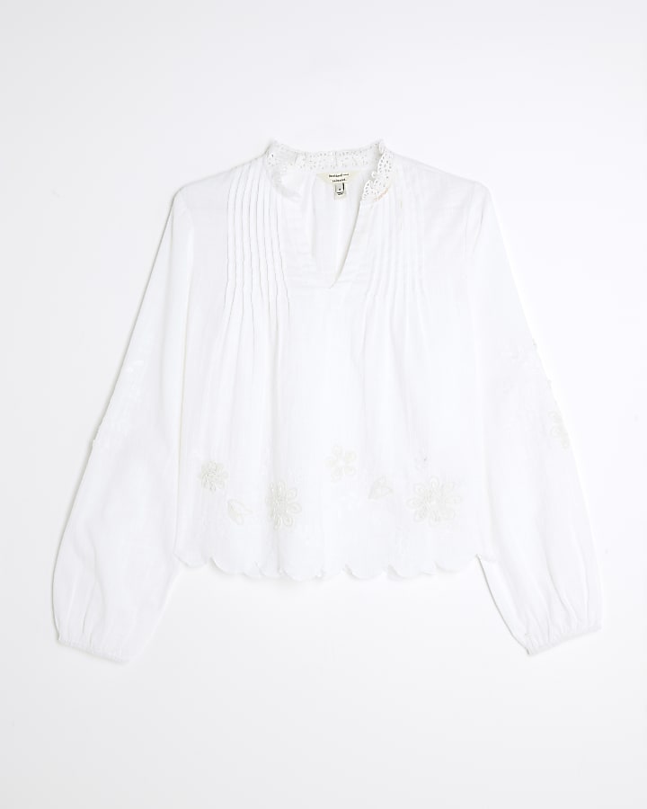 White Long Sleeve V Neck Blouse