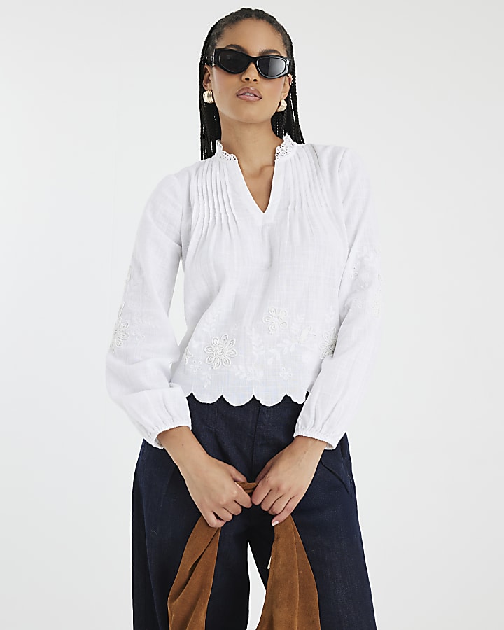 White Long Sleeve V Neck Blouse