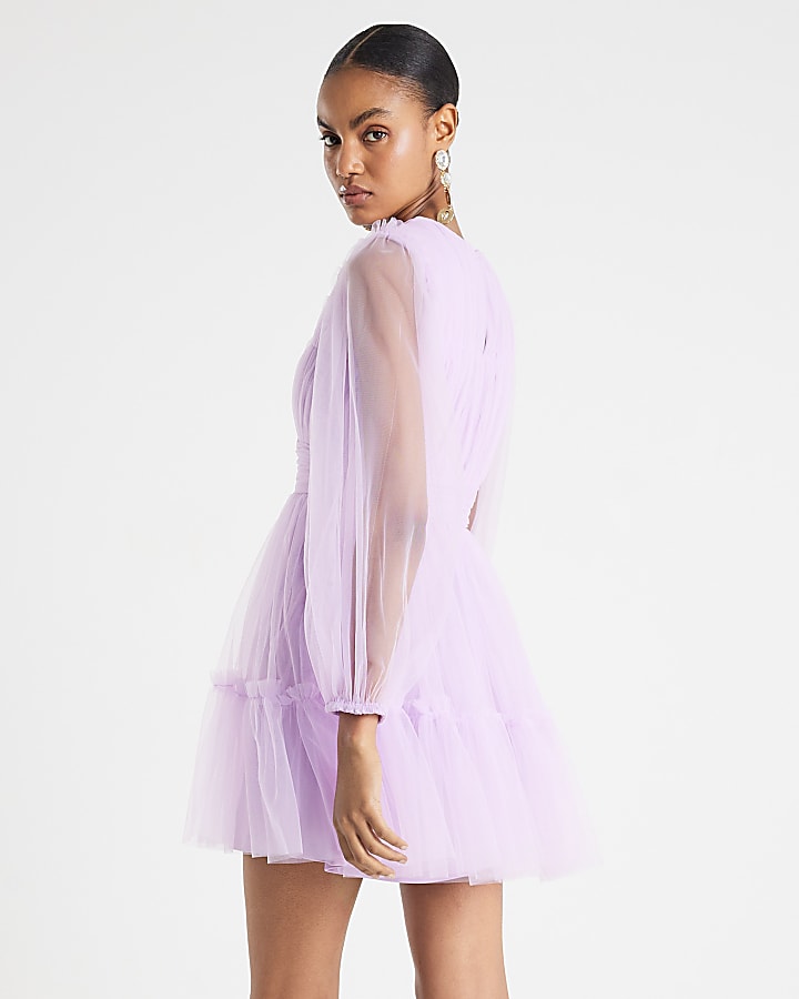 Purple Sheer Long Sleeve Tulle Mini Dress