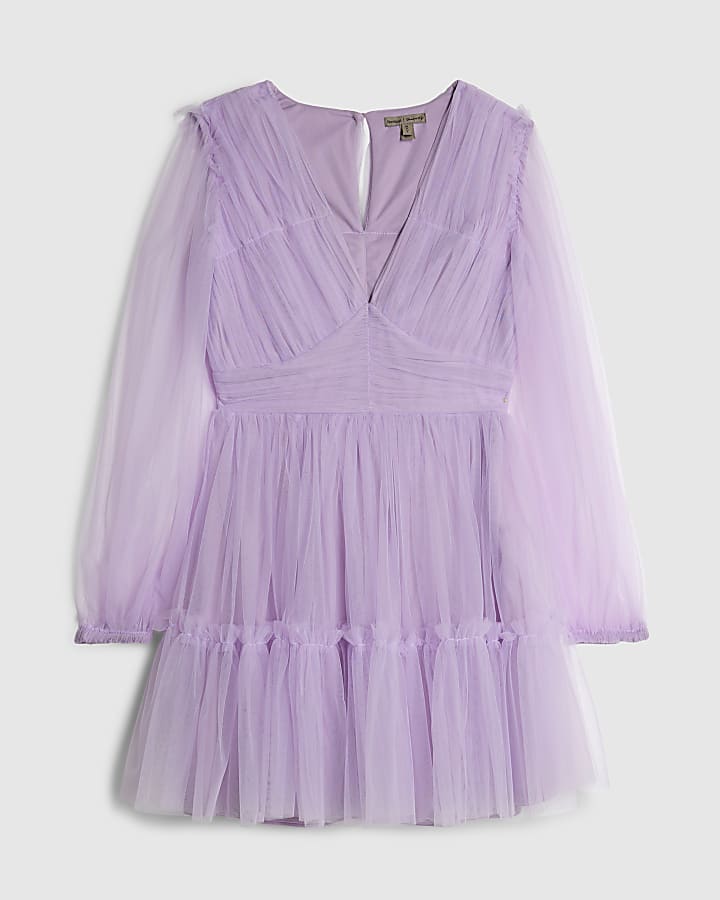 Purple Sheer Long Sleeve Tulle Mini Dress