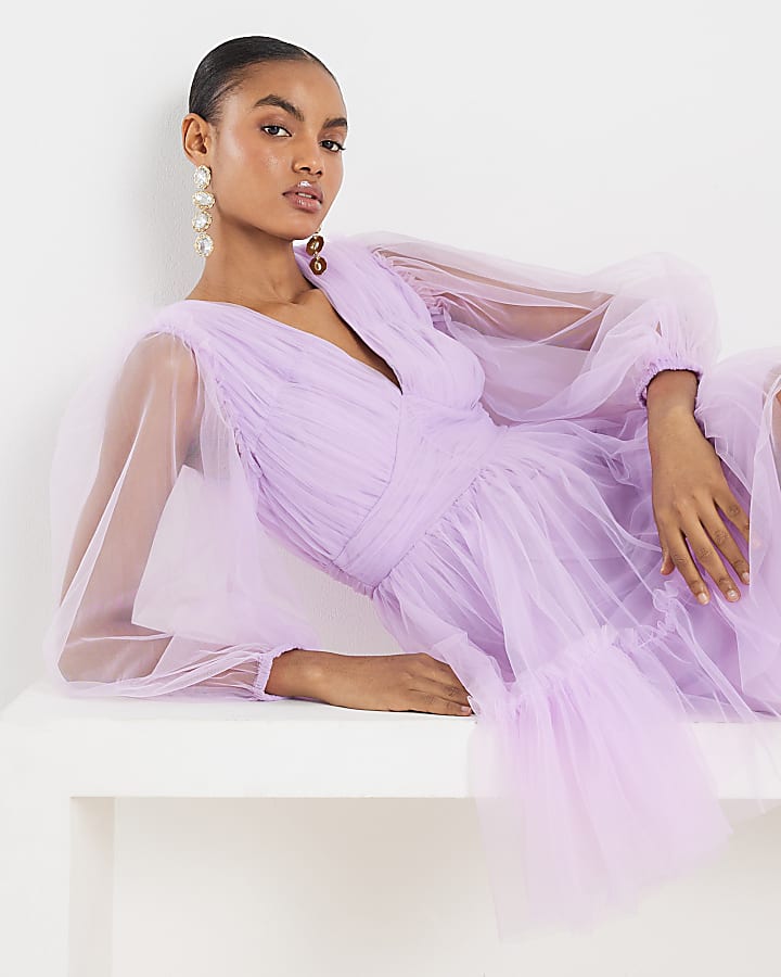 Purple Sheer Long Sleeve Tulle Mini Dress