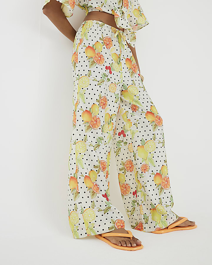 White Fruit Print Beach Trousers
