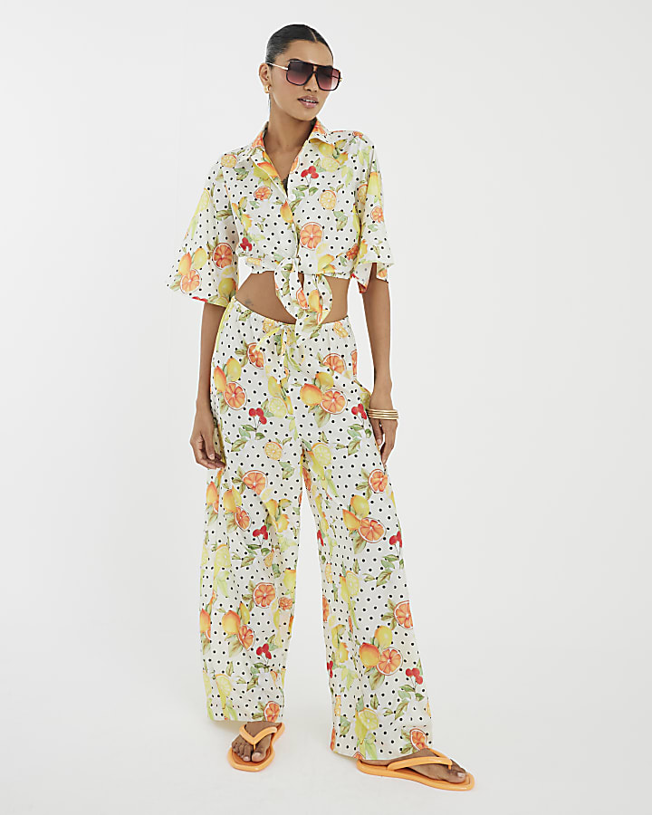 White Fruit Print Beach Shirt