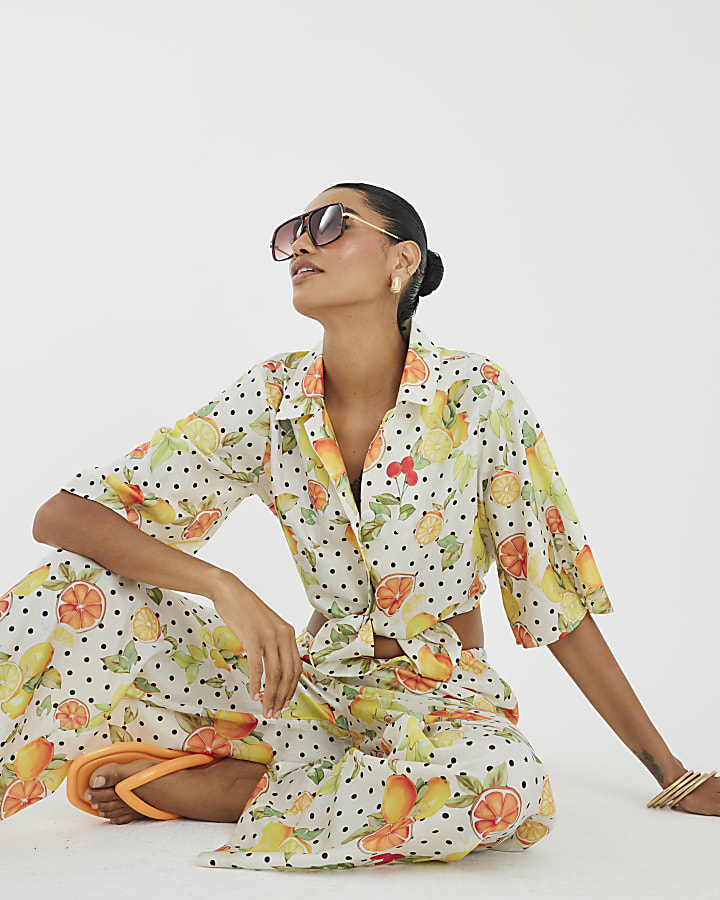 White Fruit Print Beach Shirt