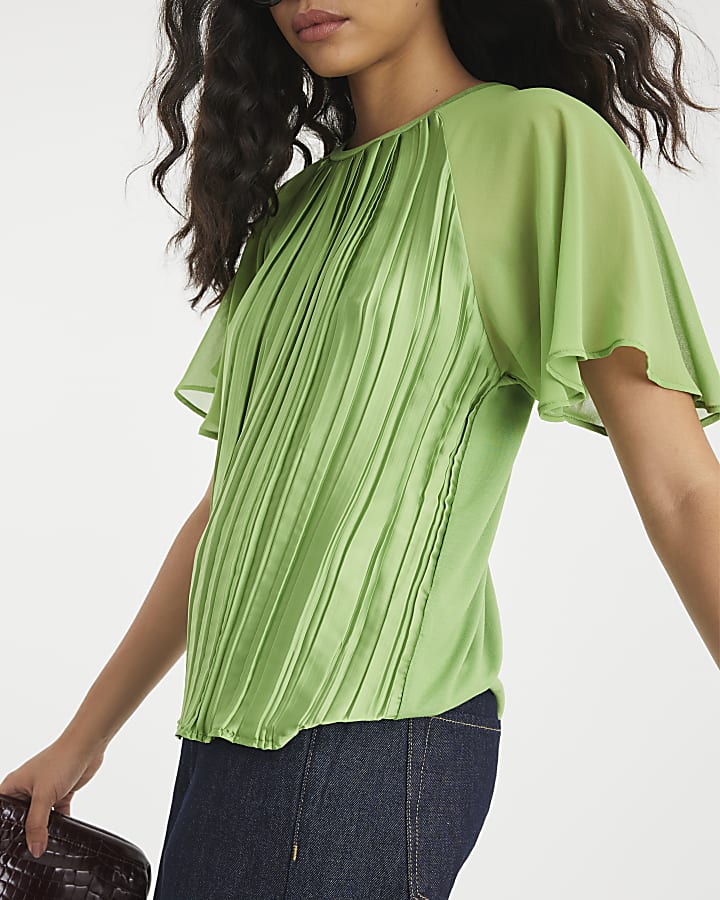 Green Short Sleeve Pleated Hybrid T-shirt