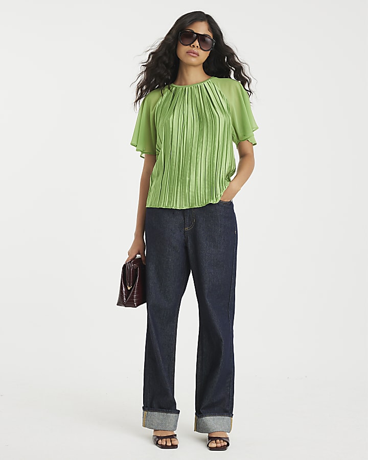 Green Short Sleeve Pleated Hybrid T-shirt