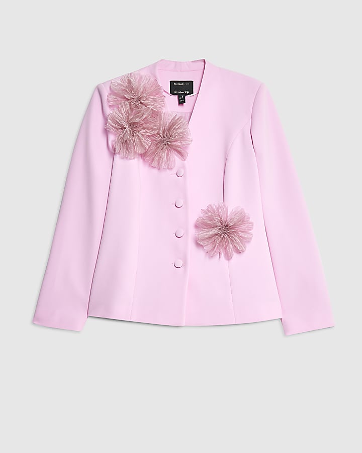 Pink 3D Flower Collarless Blazer