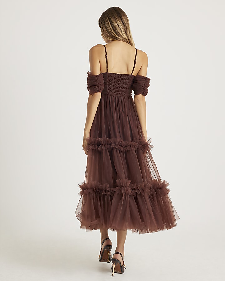 Brown Tulle Ruffle Midi Dress