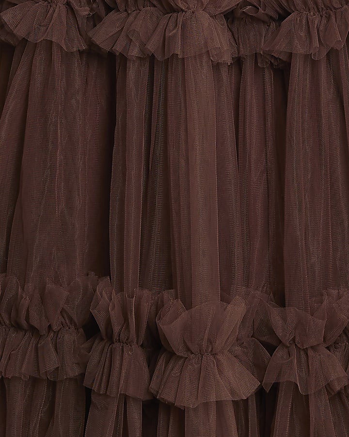 Brown Tulle Ruffle Midi Dress