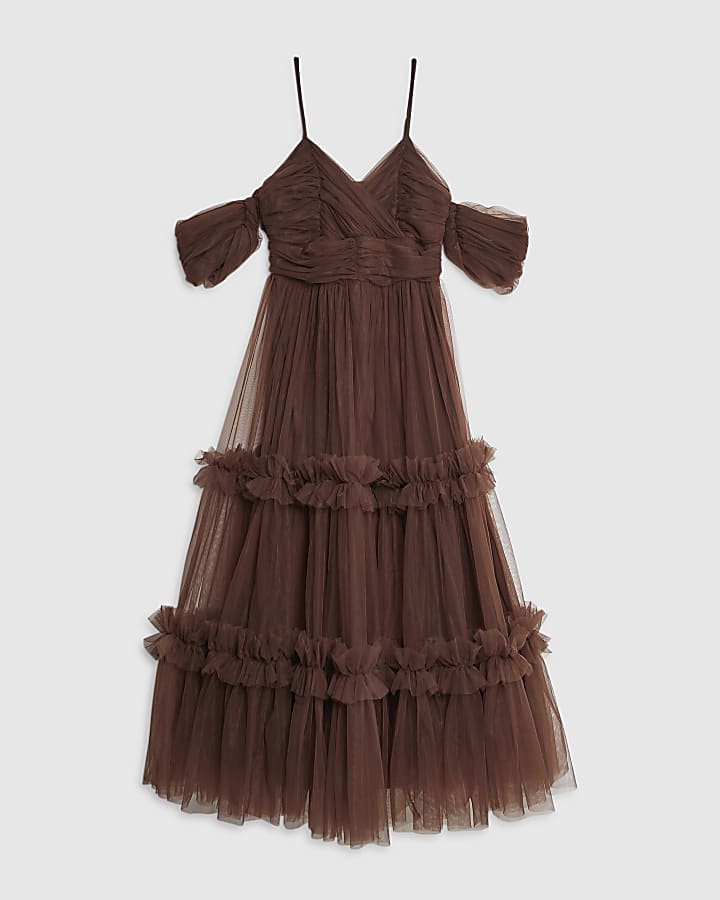 Brown Tulle Ruffle Midi Dress