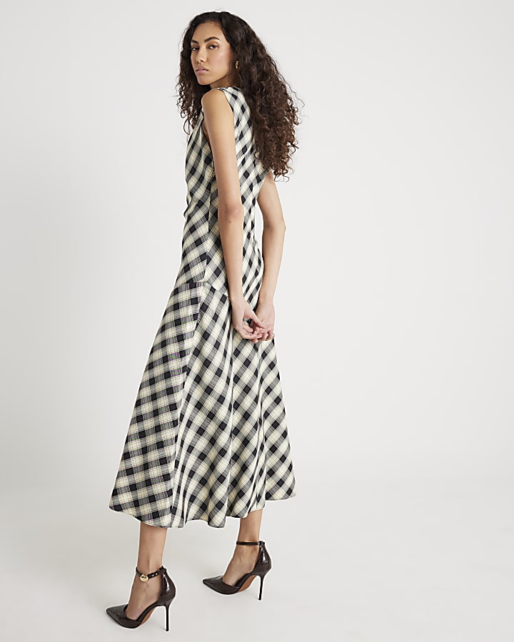 Cream Check Print Knot Maxi Dress