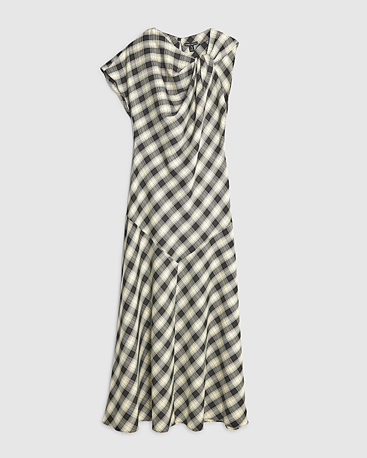 Cream Check Print Knot Maxi Dress