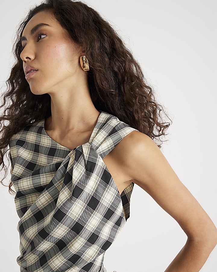 Cream Check Print Knot Maxi Dress