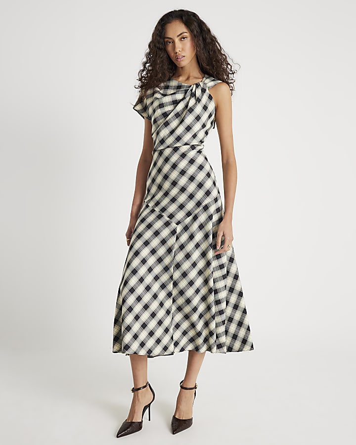 Cream Check Print Knot Maxi Dress