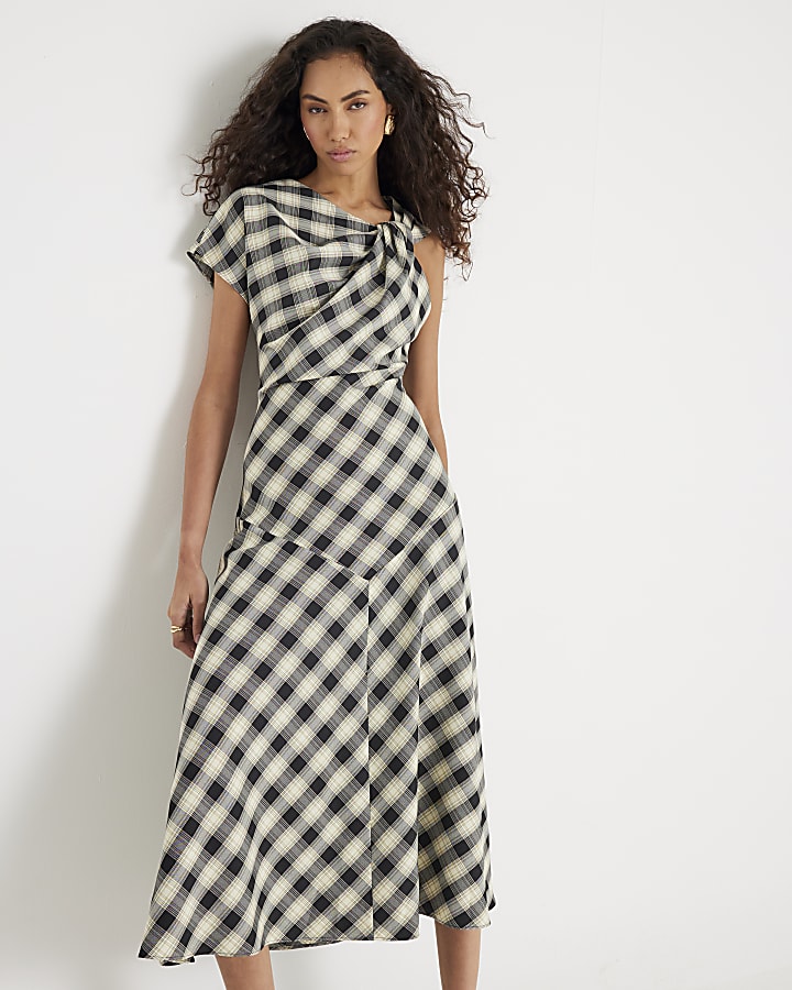 Cream Check Print Knot Maxi Dress